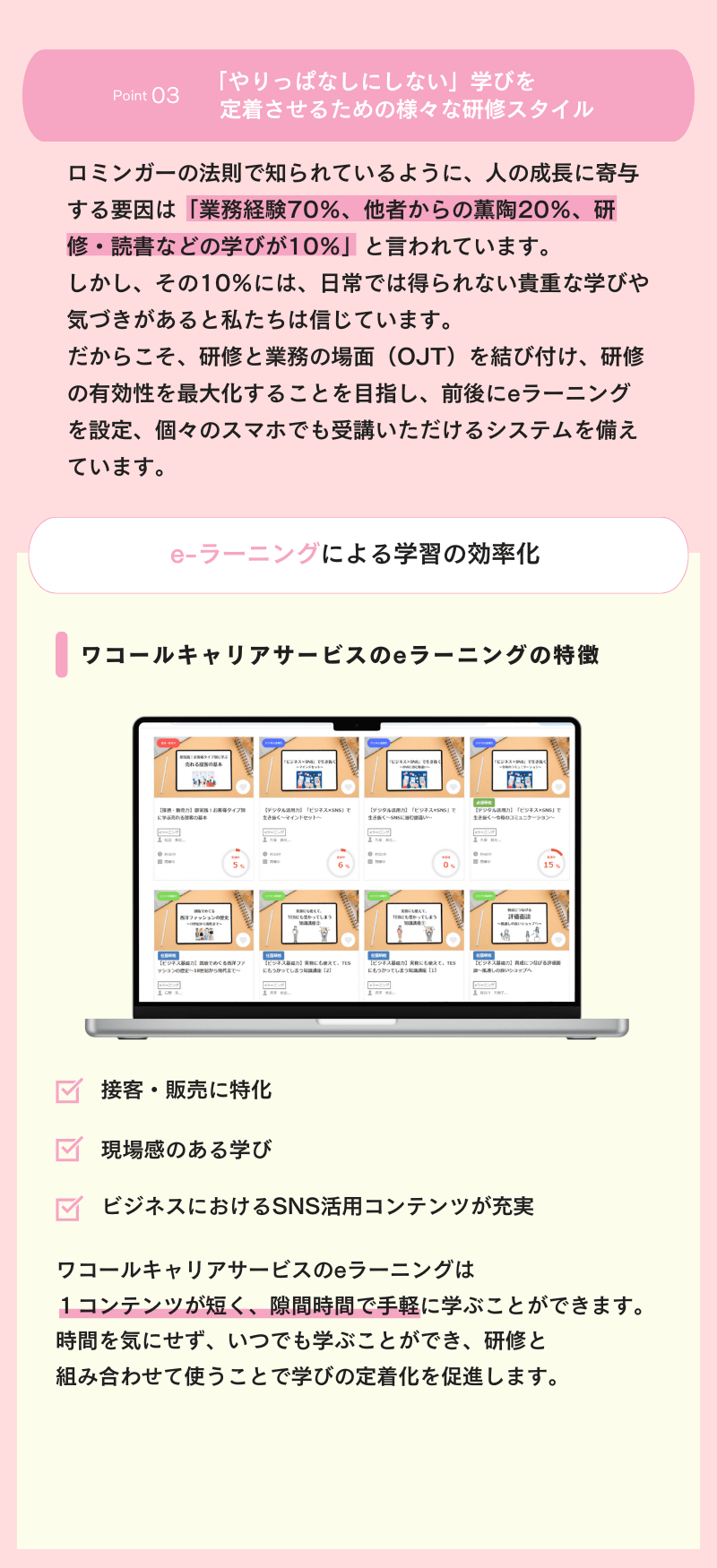 Point3 「やりっぱなしにしない」学びを 定着させるための様々な研修スタイル